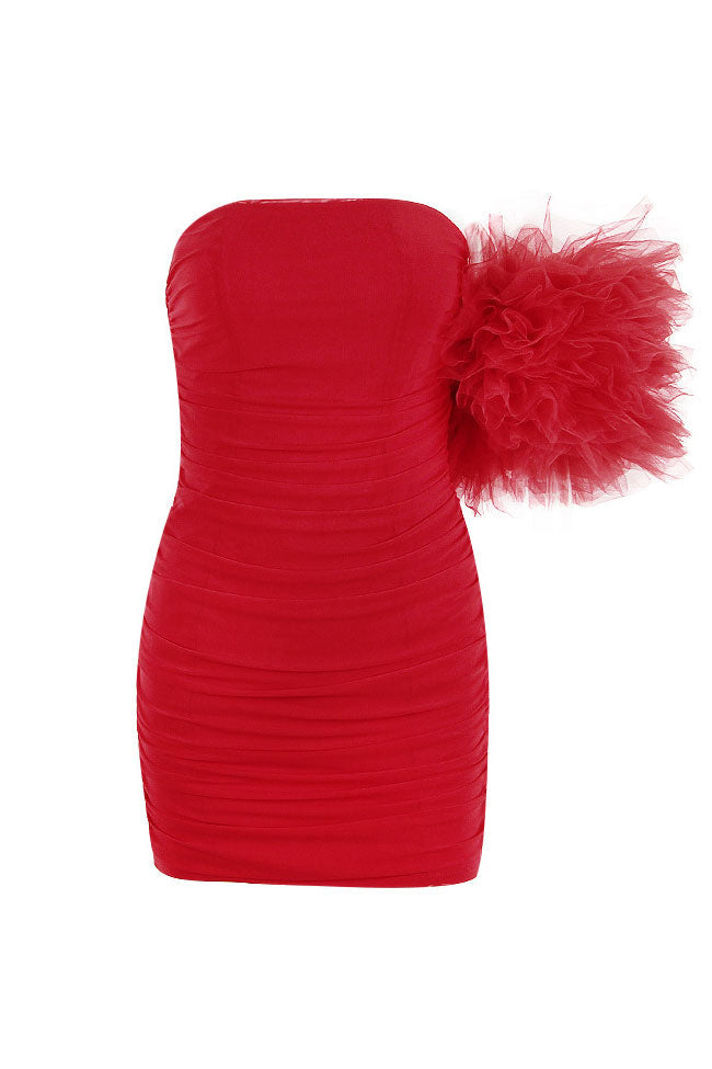 Tulle Strapless Ruffle Ruched Bodycon Mini Dress