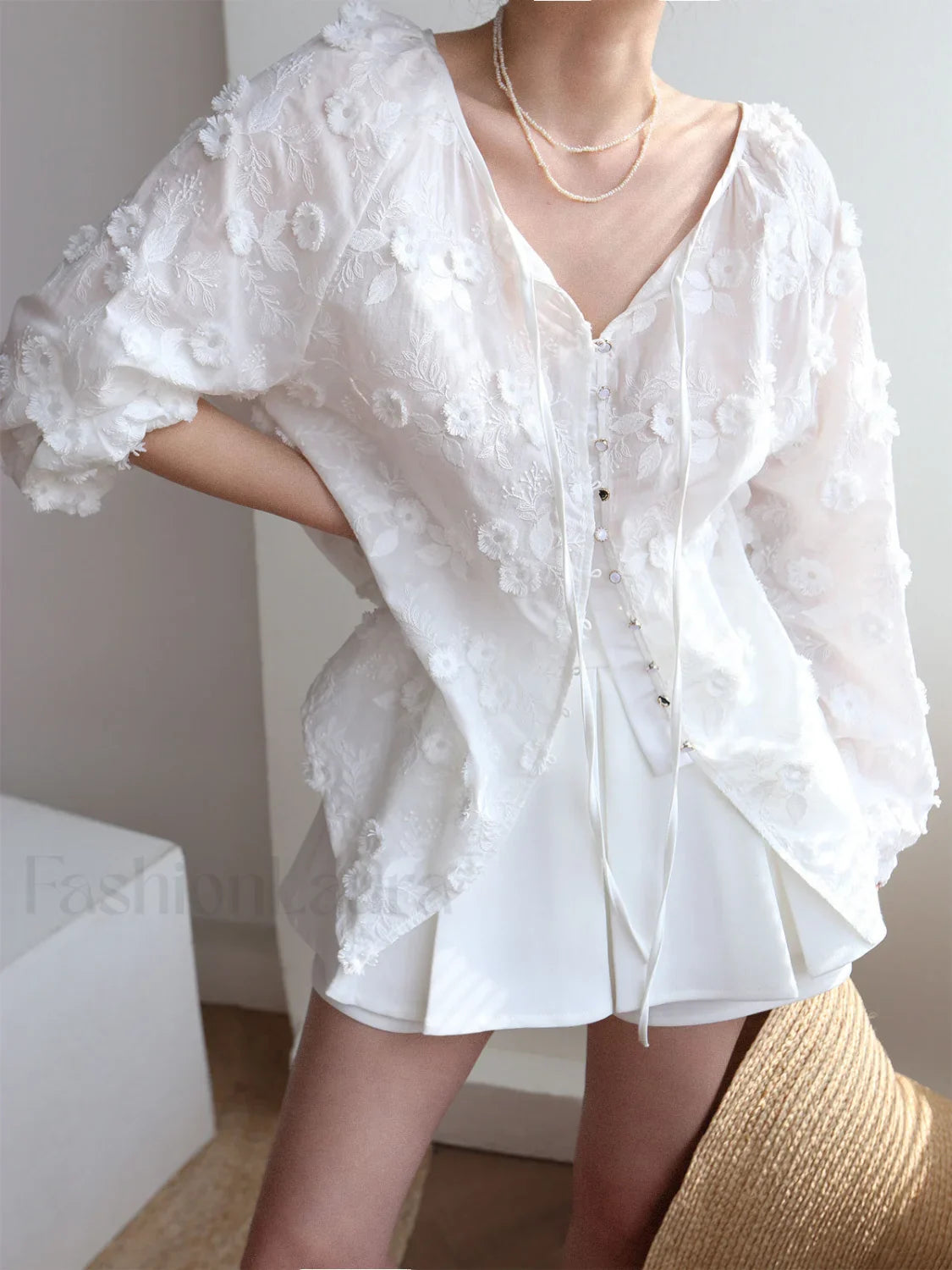 Oversized Semi-Sheer Embroidered Floral Blouse