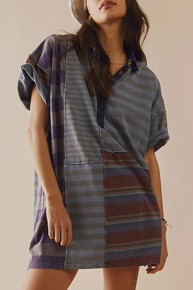 Oversized Stripe Print Patchwork Denim Collar Short Sleeve Mini T Shirt Dress