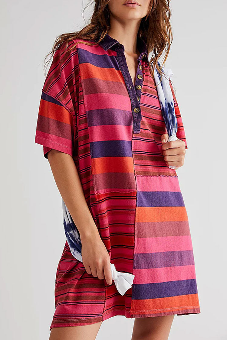 Oversized Stripe Print Patchwork Denim Collar Short Sleeve Mini T Shirt Dress
