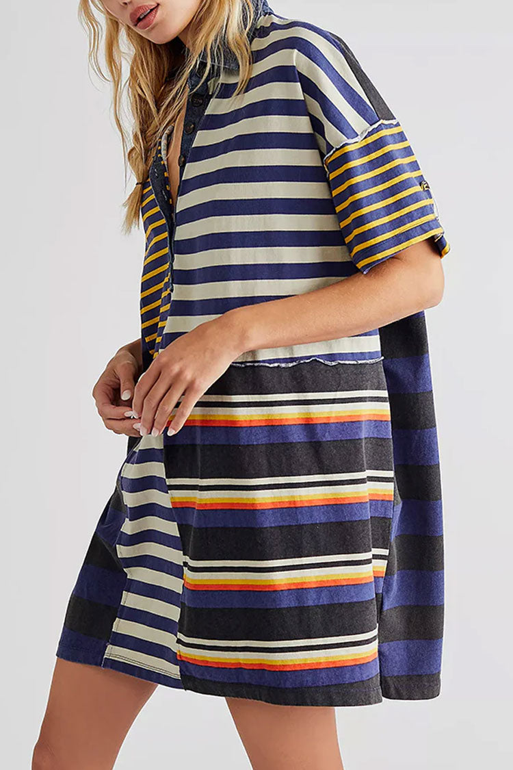 Oversized Stripe Print Patchwork Denim Collar Short Sleeve Mini T Shirt Dress