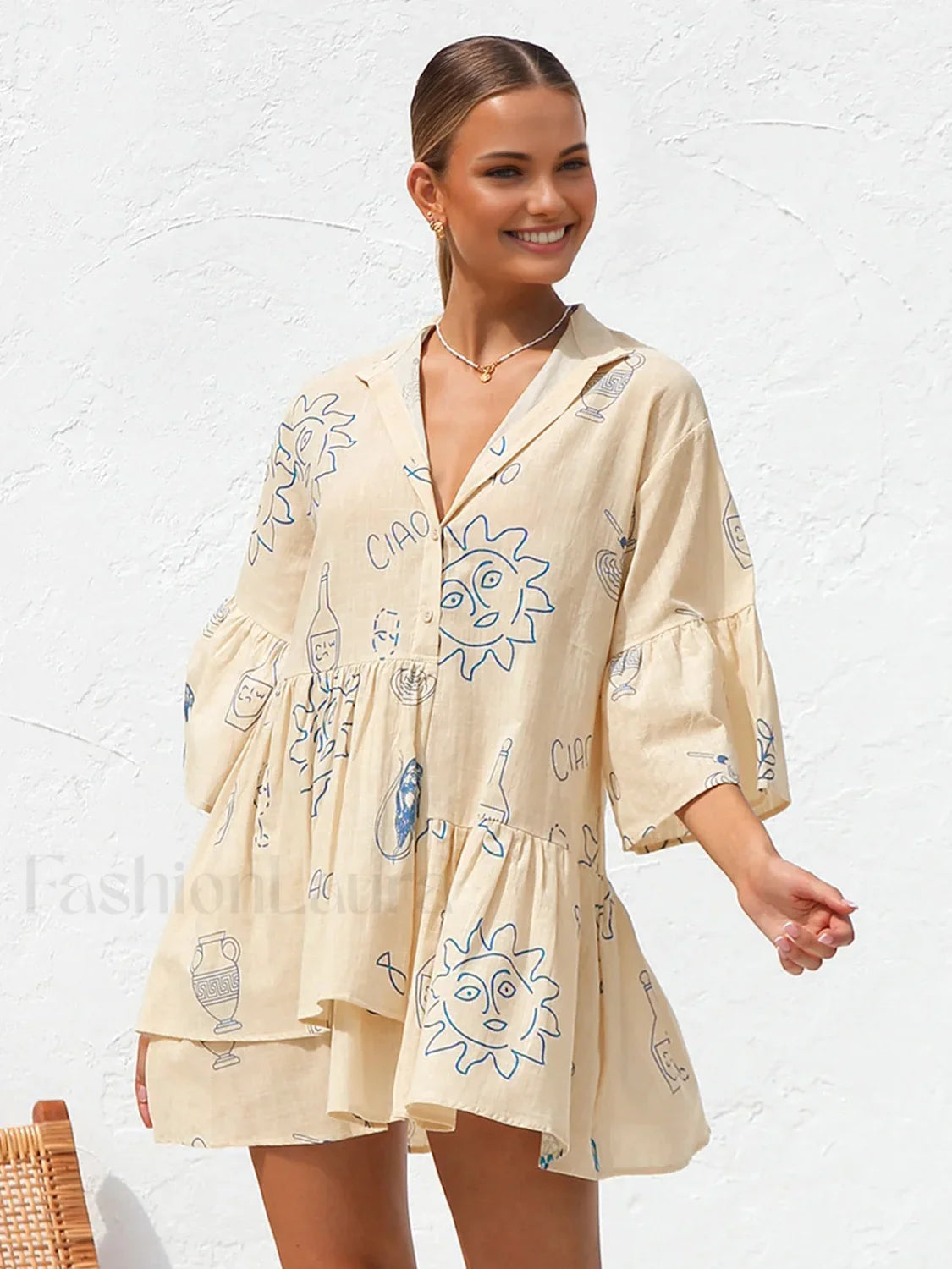 Oversized Sun Print Short Dress Apricot / XS Dresses