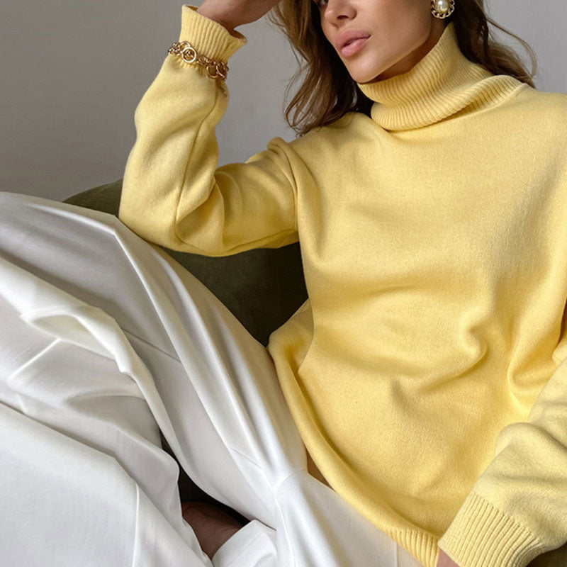 Oversized Turtleneck Long Sleeve Slit Trim Pullover Sweater - Yellow