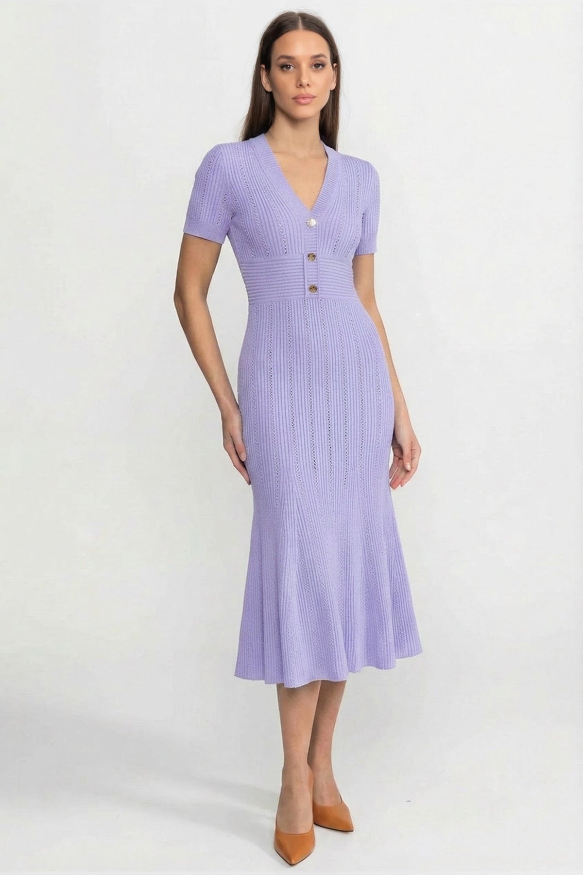 Ribbed Pointelle Deep V-Neck Short Sleeve Button Front Flounce Hem Midi Dress