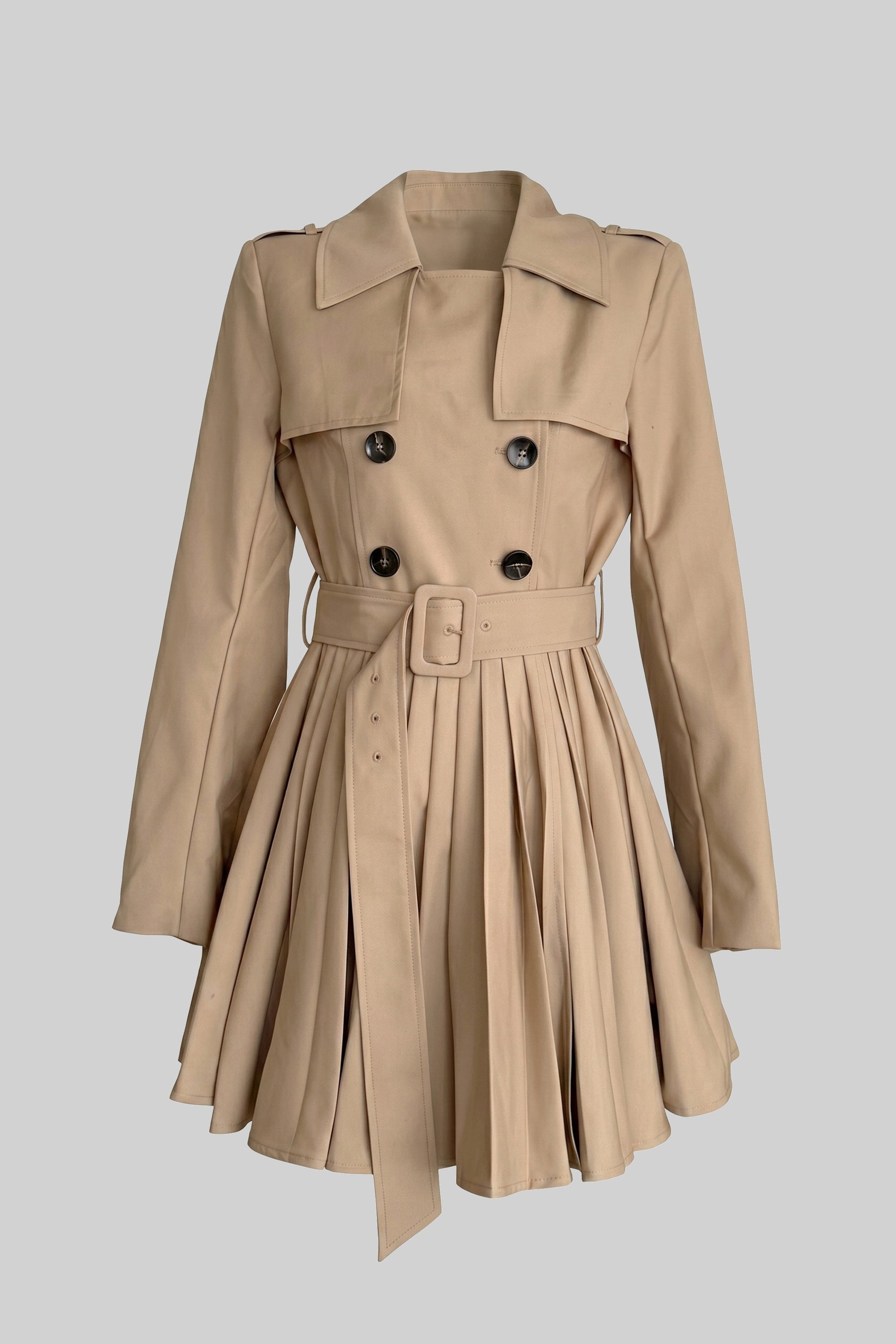 Double Breasted Belted Trench Pleated Skirt Mini Dress - View 2