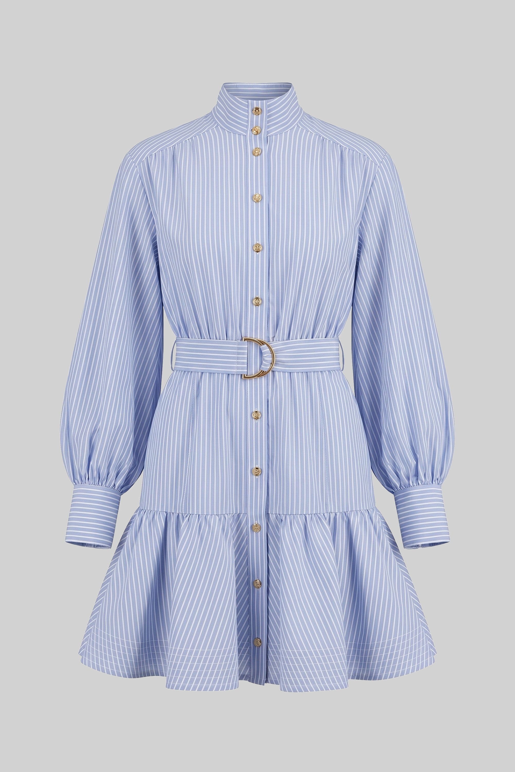 Striped High Neck Balloon Sleeve Belted Tiered Ruffle Mini Dress - View 2