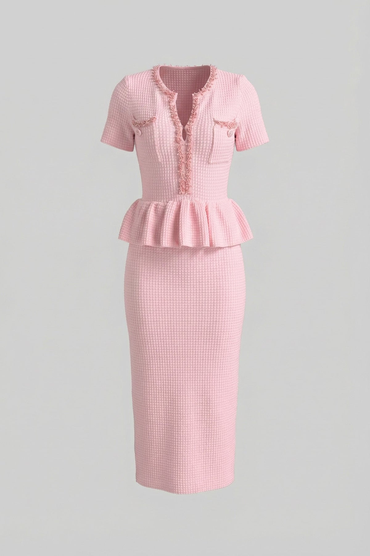Textured Knit Short Sleeve Embellished Trim Peplum Waist Bodycon Midi Dress 5