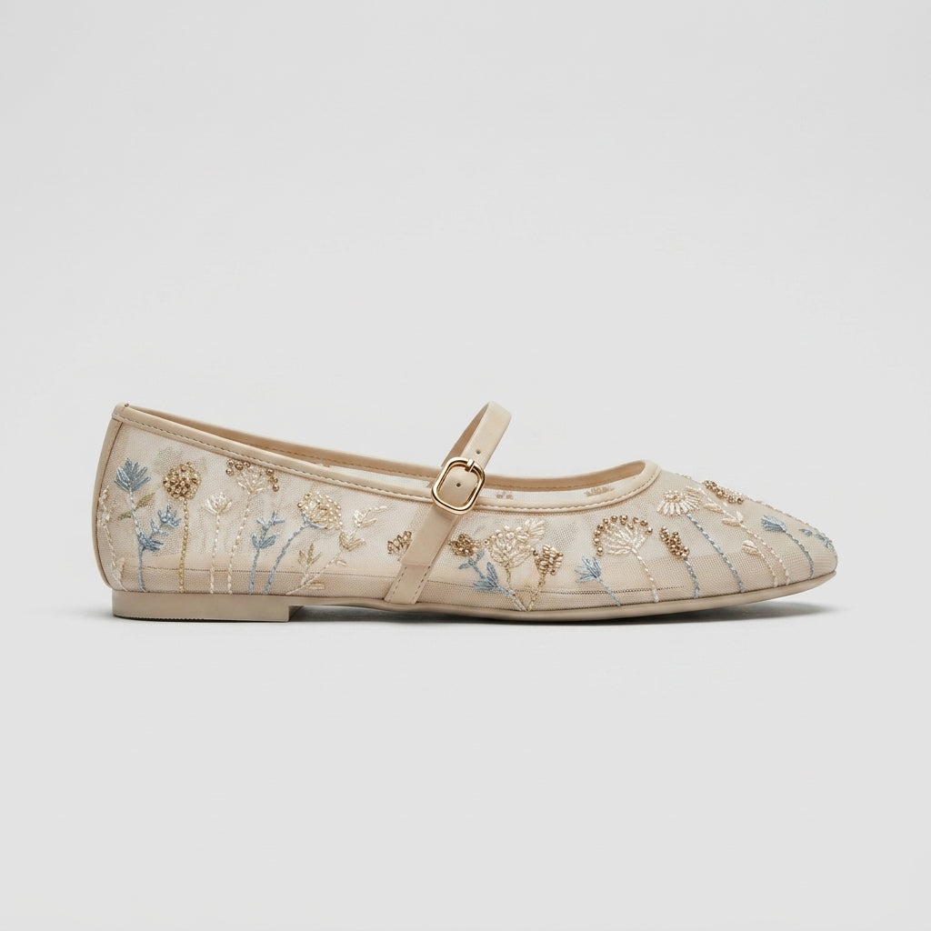 Floral Embroidered Mesh Ankle Strap Mary Jane Ballet Flats