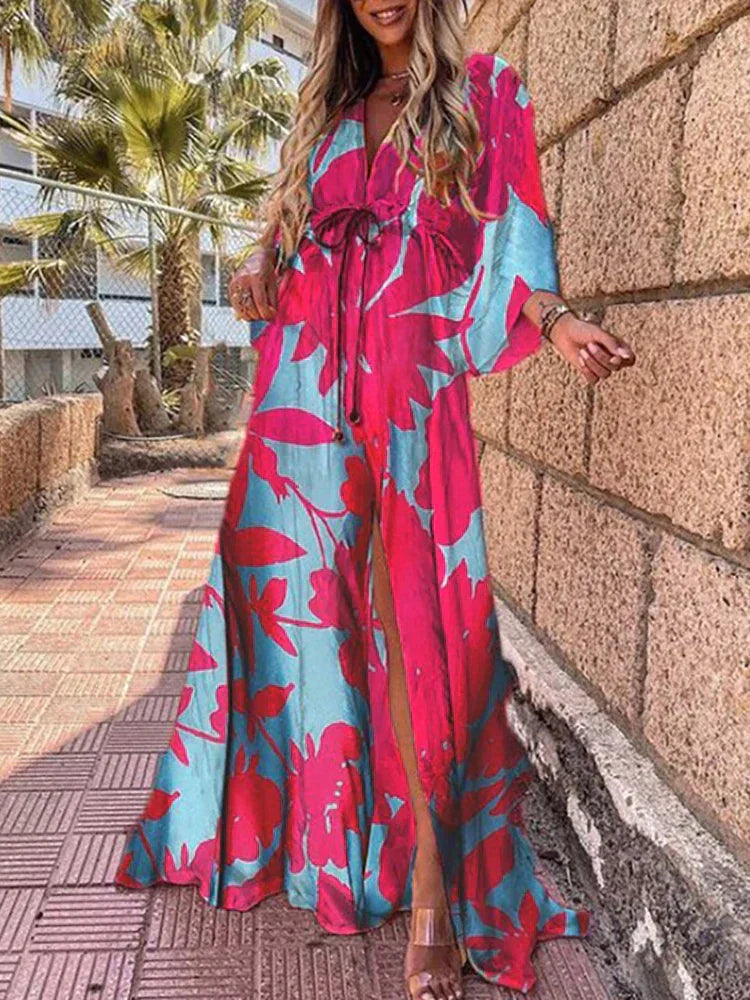 Deep V-Neck Batwing Sleeve High Split Maxi Dress 4