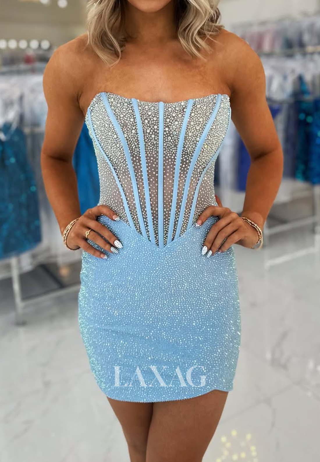 Scoop-Neck Off-Shoulder Sleeveless Fully Beaded Pleated Mermaid Party Homecoming Dress