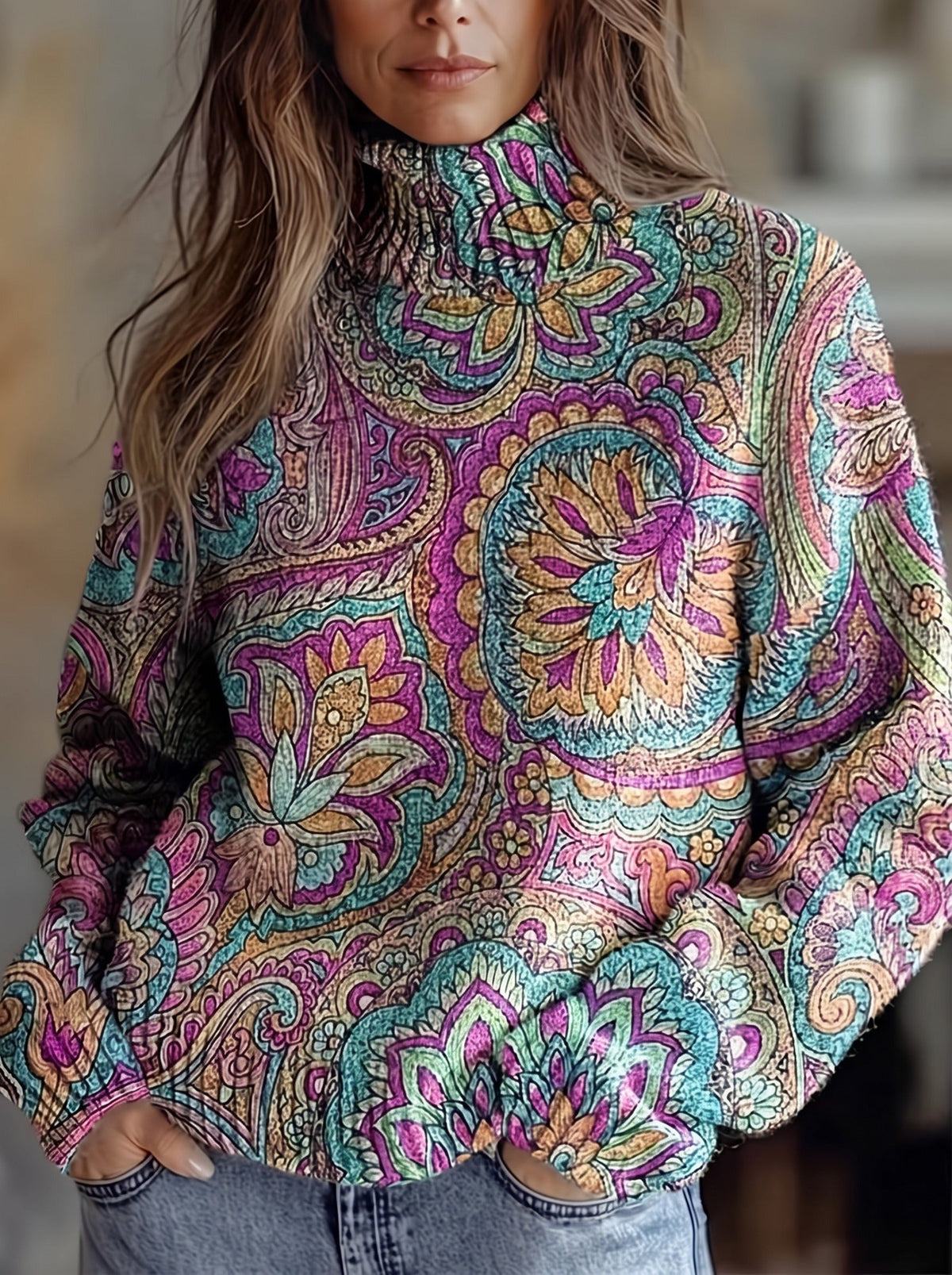 Paisley Print Mock Neck Long Sleeve Top