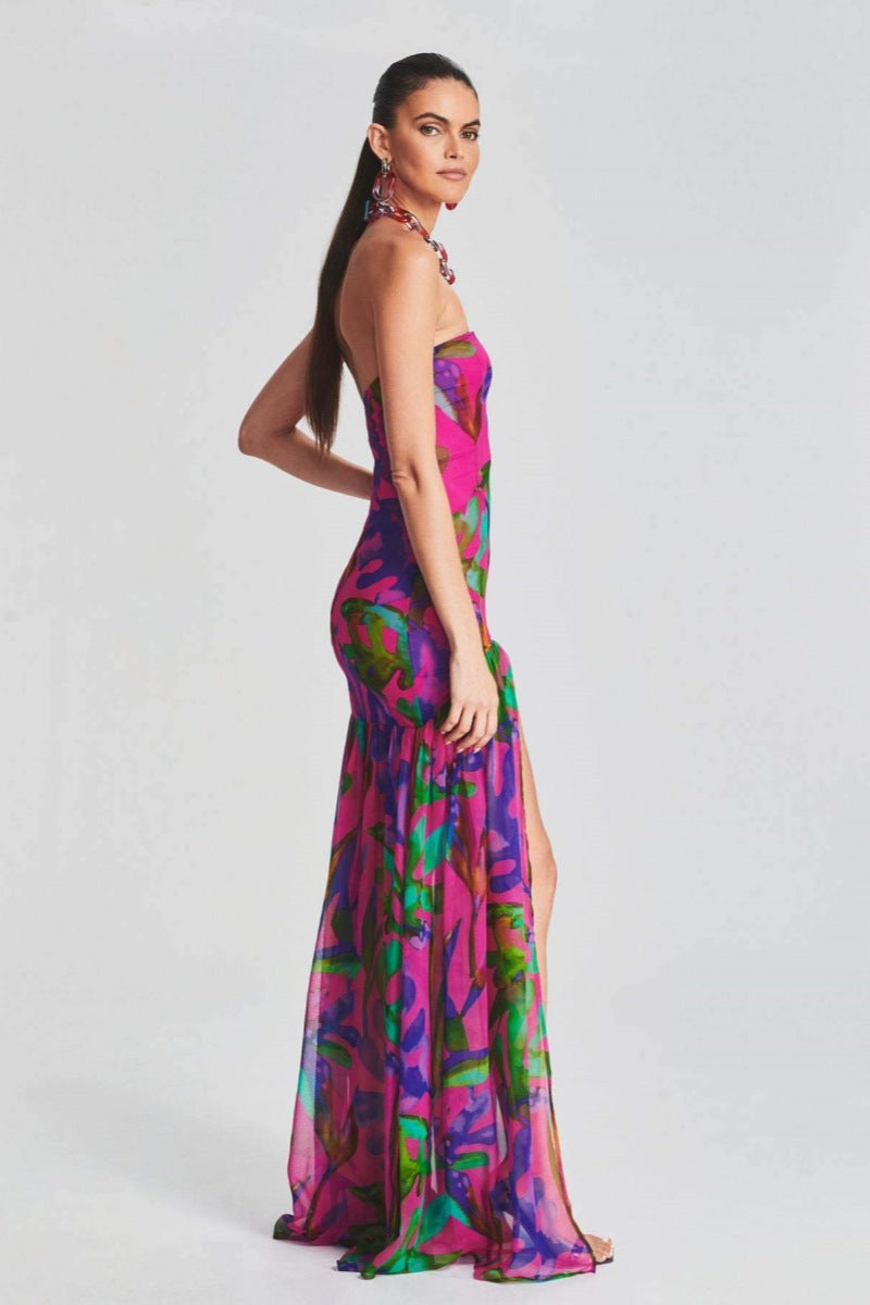 Tropical Print Strapless Draped Bodice Mesh Skirt High Split Maxi Dress 3