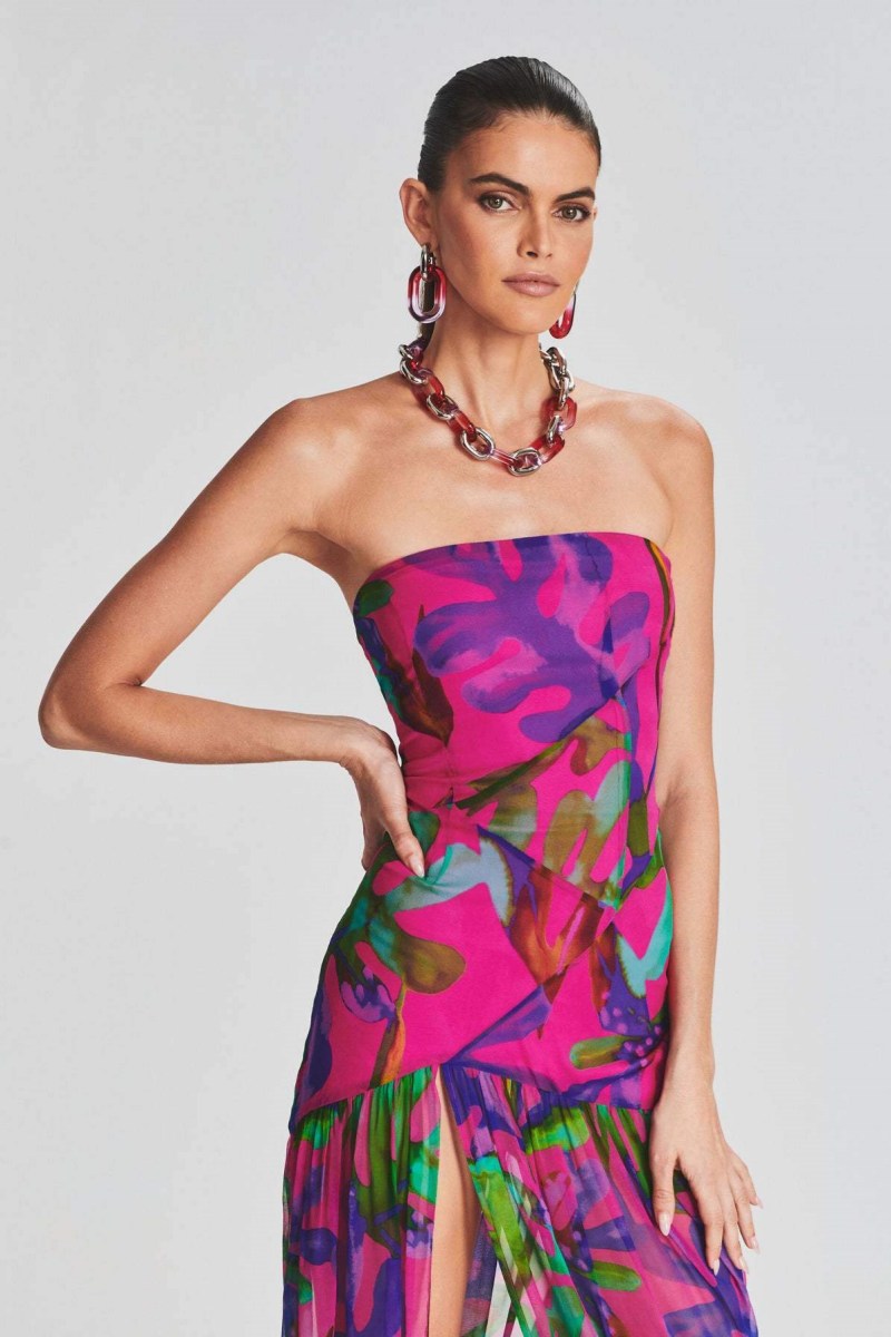 Tropical Print Strapless Draped Bodice Mesh Skirt High Split Maxi Dress