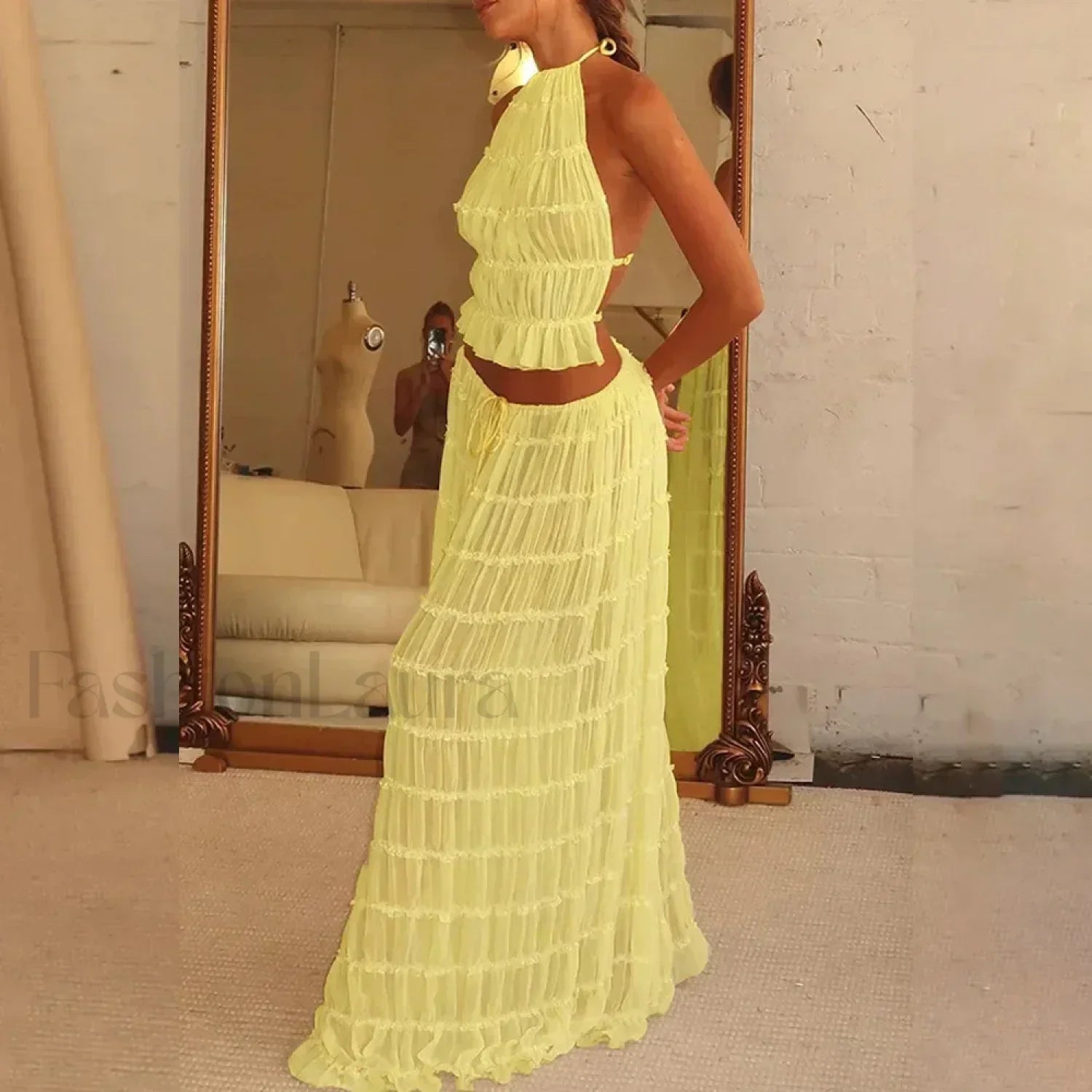 Party Beach Halter Skirt Two Piece Set Yellow / S