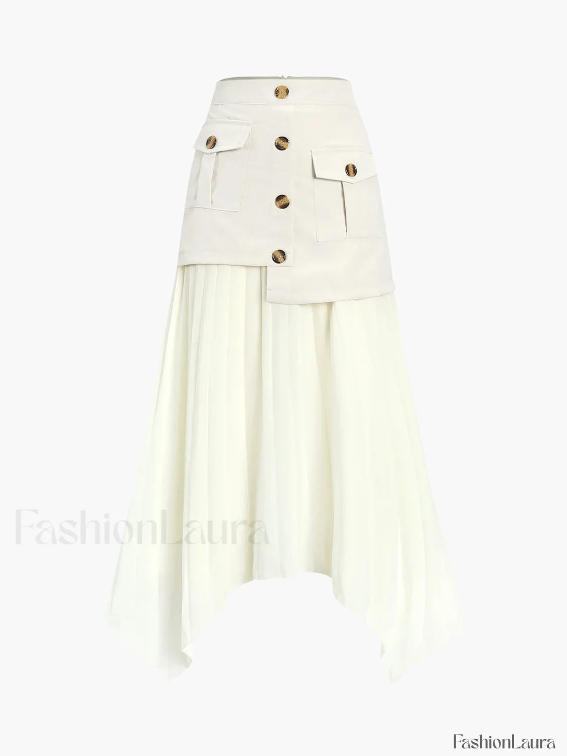 Patchwork Asymmetrical Pleated Buttoned Midi Skirt