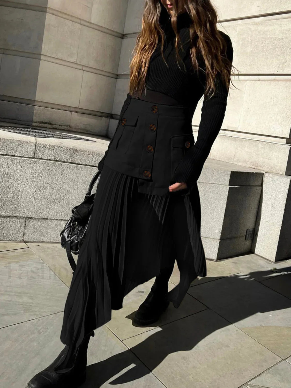 Patchwork Asymmetrical Pleated Trendy Buttoned Midi Skirt