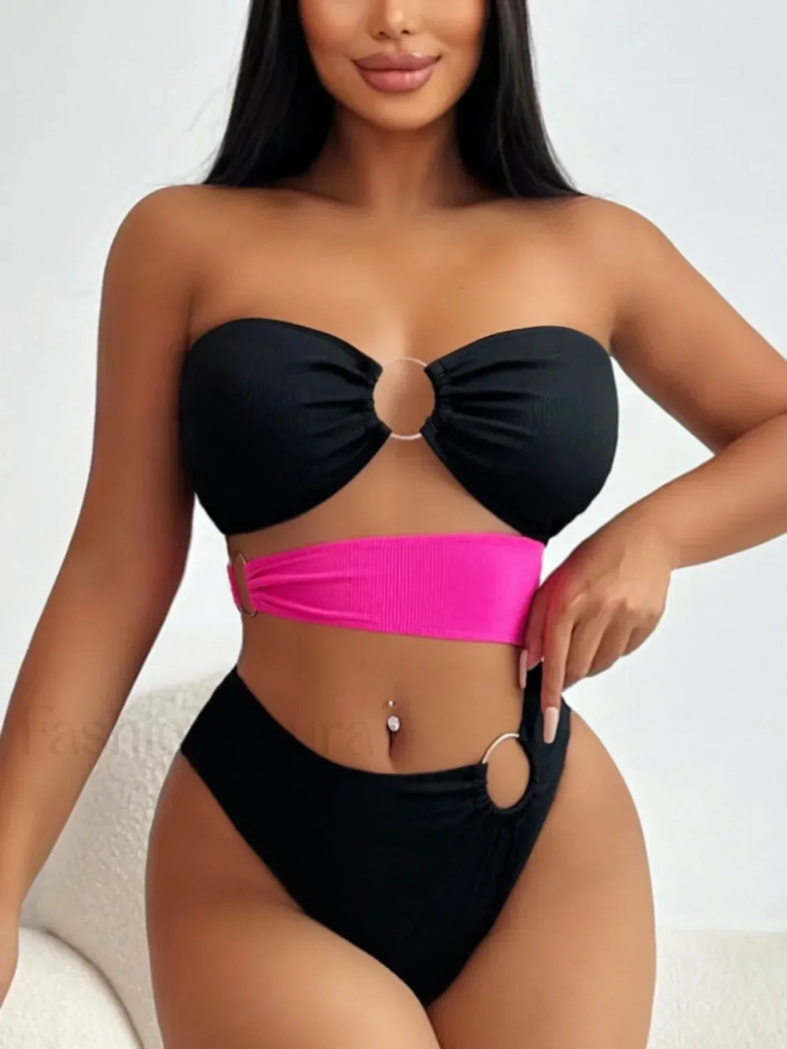Patchwork Bandeau Hollow Bikini Set