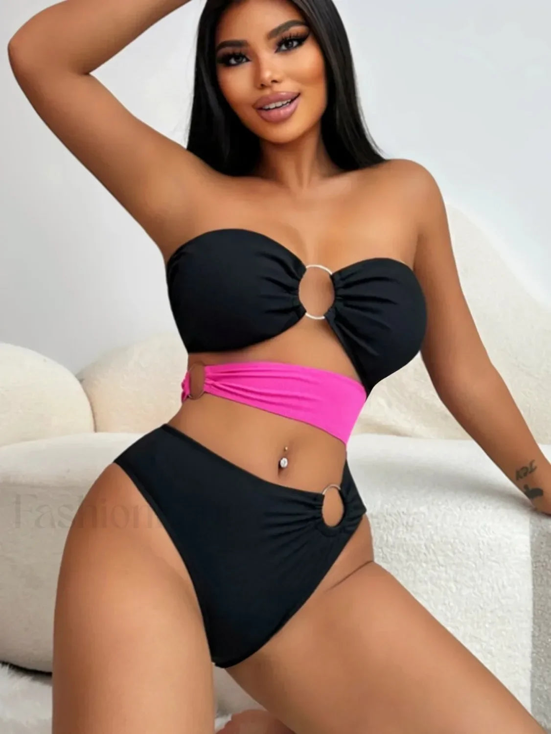 Patchwork Bandeau Hollow Bikini Set Black / S