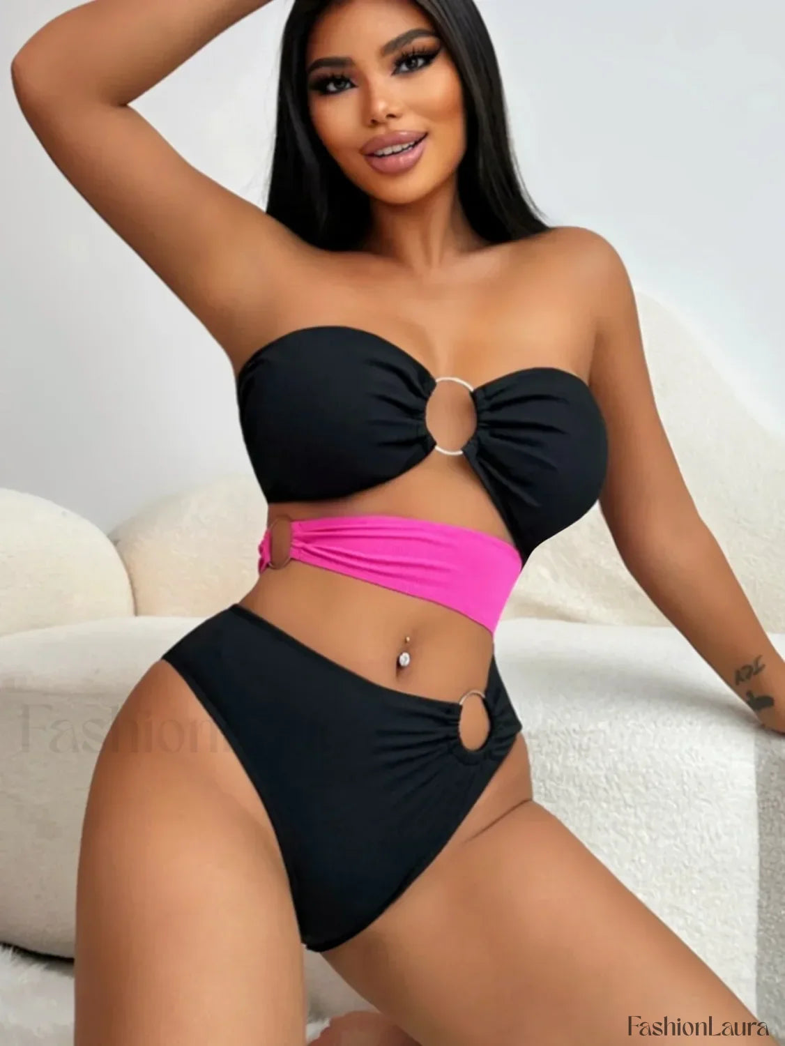 Patchwork Bandeau Hollow Bikini Set