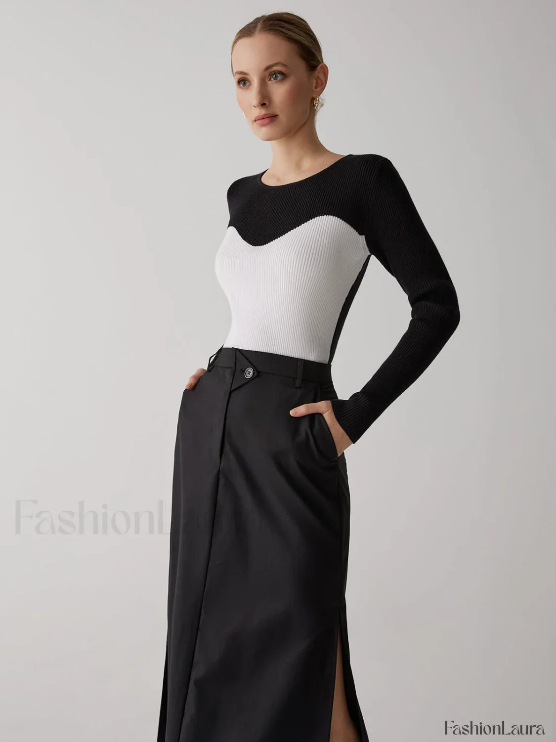 Patchwork Contrast Graceful Crew Neck Sweater