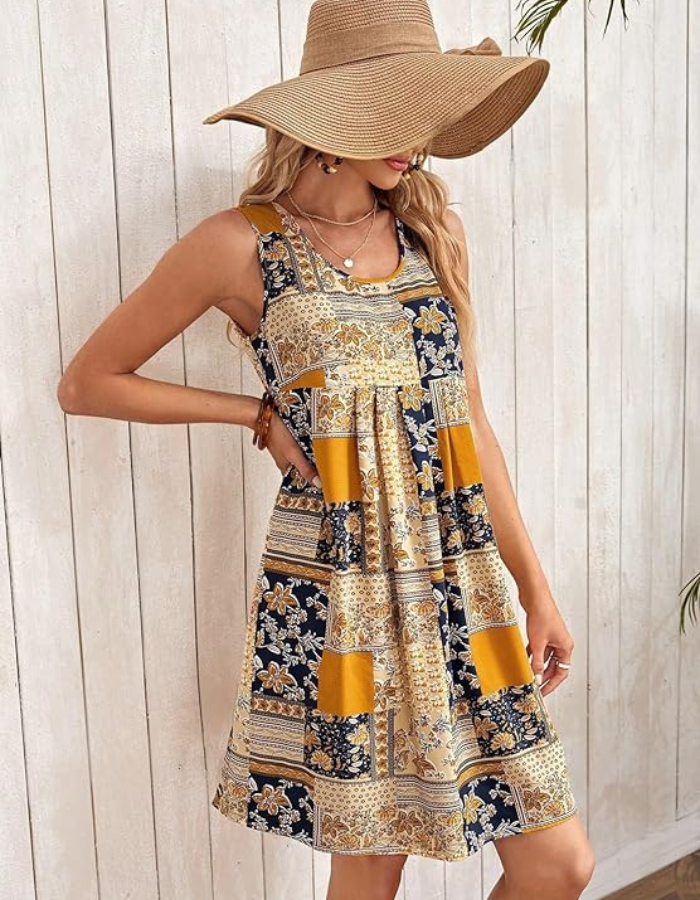 Patchwork Floral Empire Waist Sleeveless A-Line Summer Mini Dress