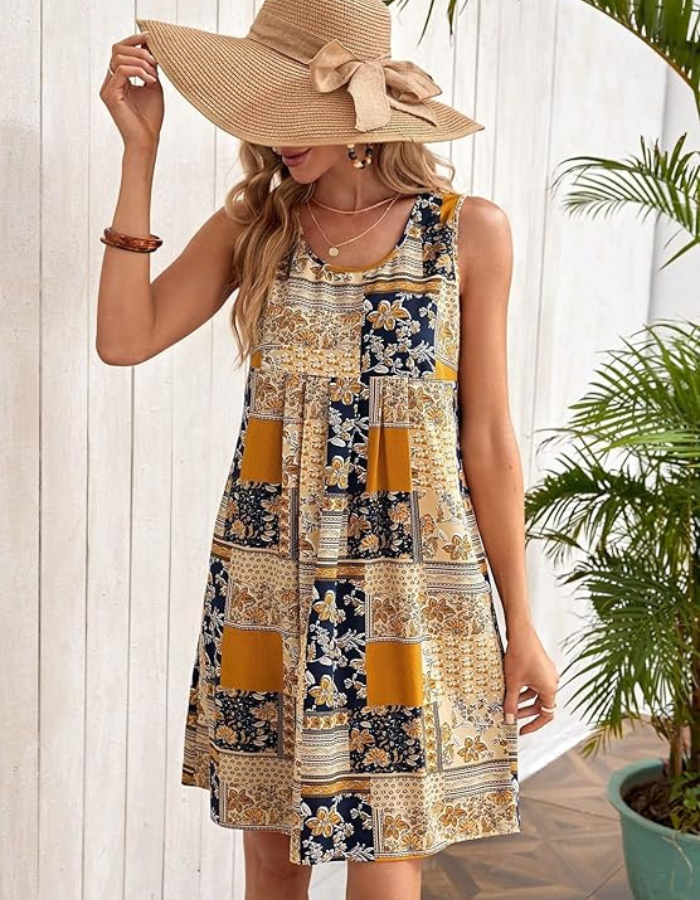 Patchwork Floral Empire Waist Sleeveless A-Line Summer Mini Dress