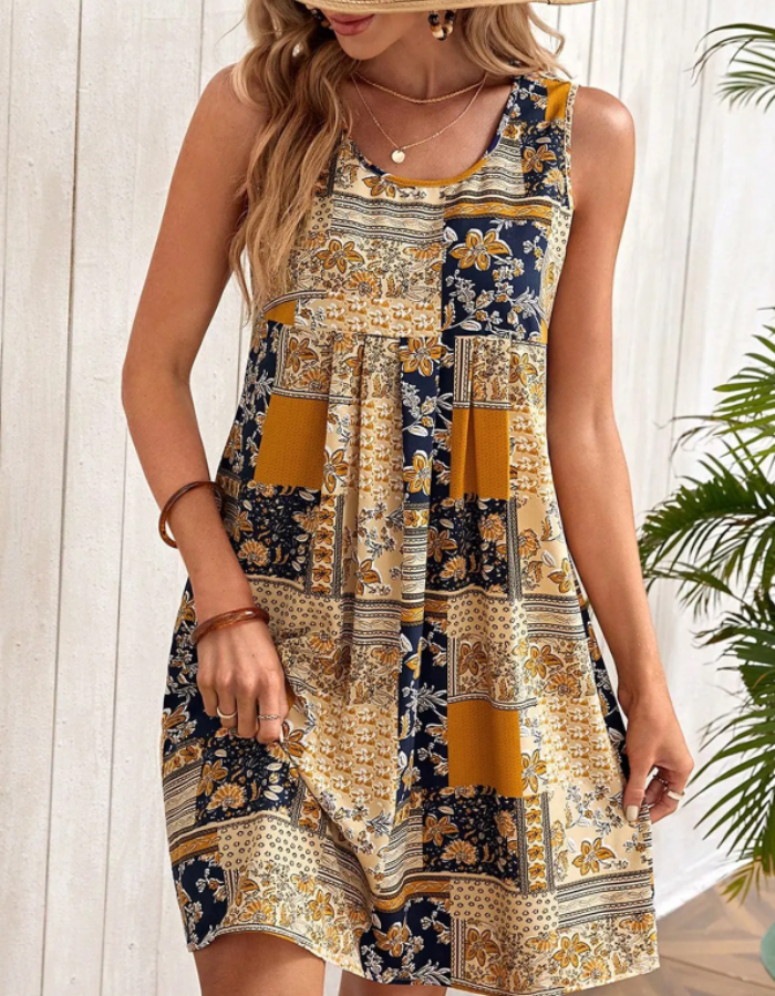 Patchwork Floral Empire Waist Sleeveless A-Line Summer Mini Dress
