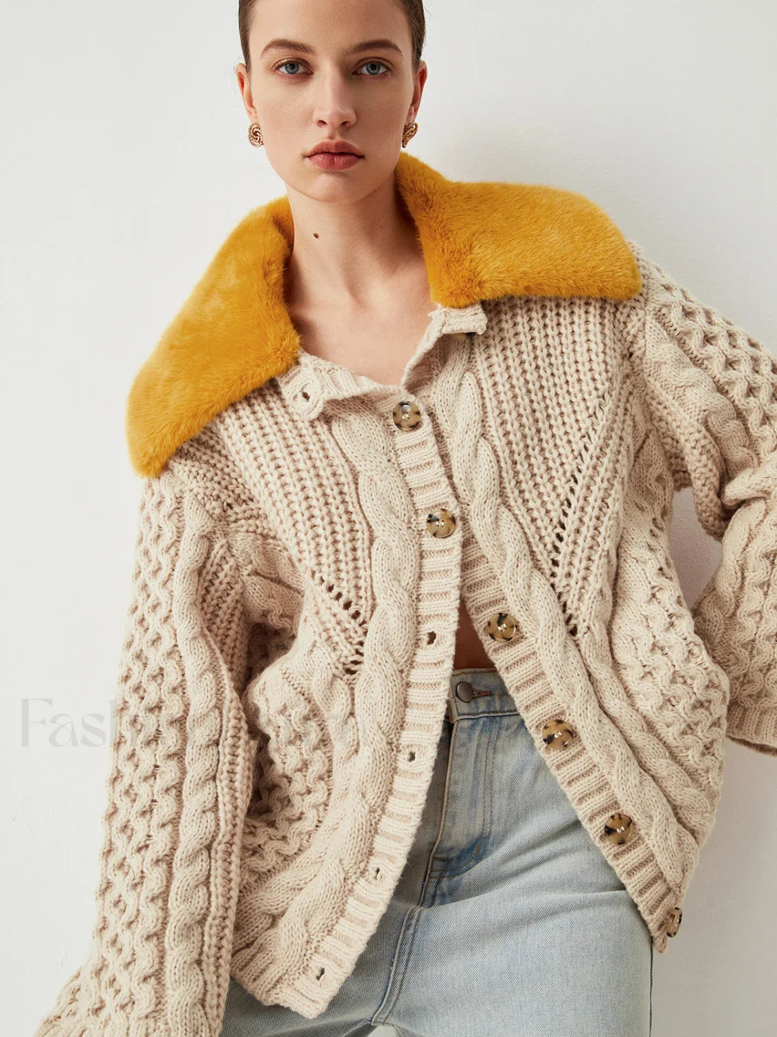Patchwork Fuzzy Collar Trendy Oversized Knit Cardigan Khaki / S Sweaters L