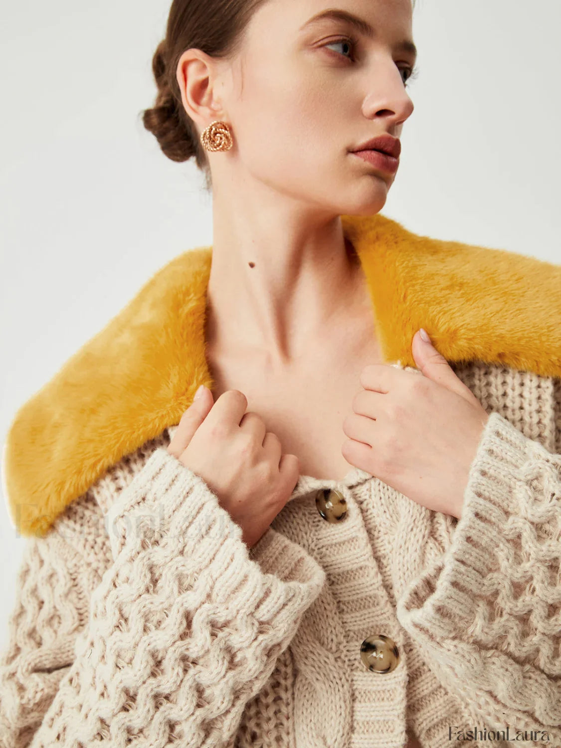 Patchwork Fuzzy Collar Trendy Oversized Knit Cardigan