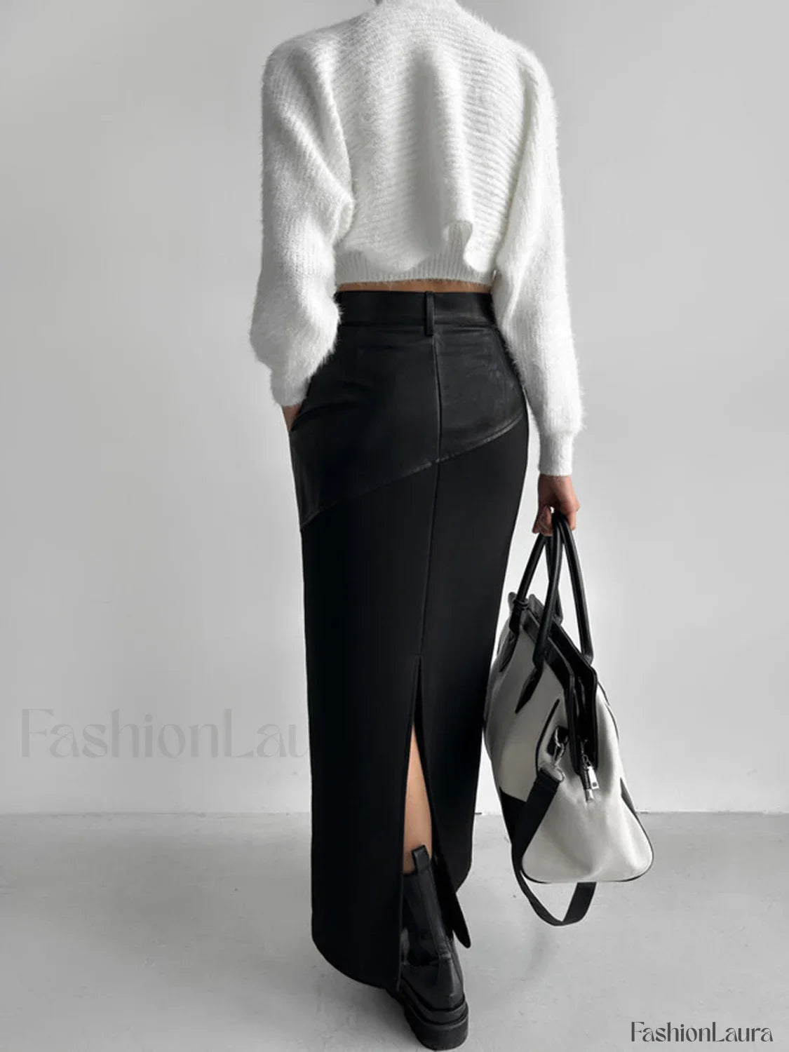 Patchwork Leather High Trendy Waist Maxi Skirt