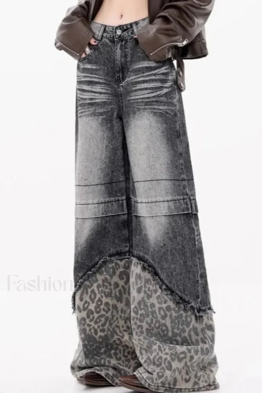 Patchwork Leopard Wide Leg Jeans