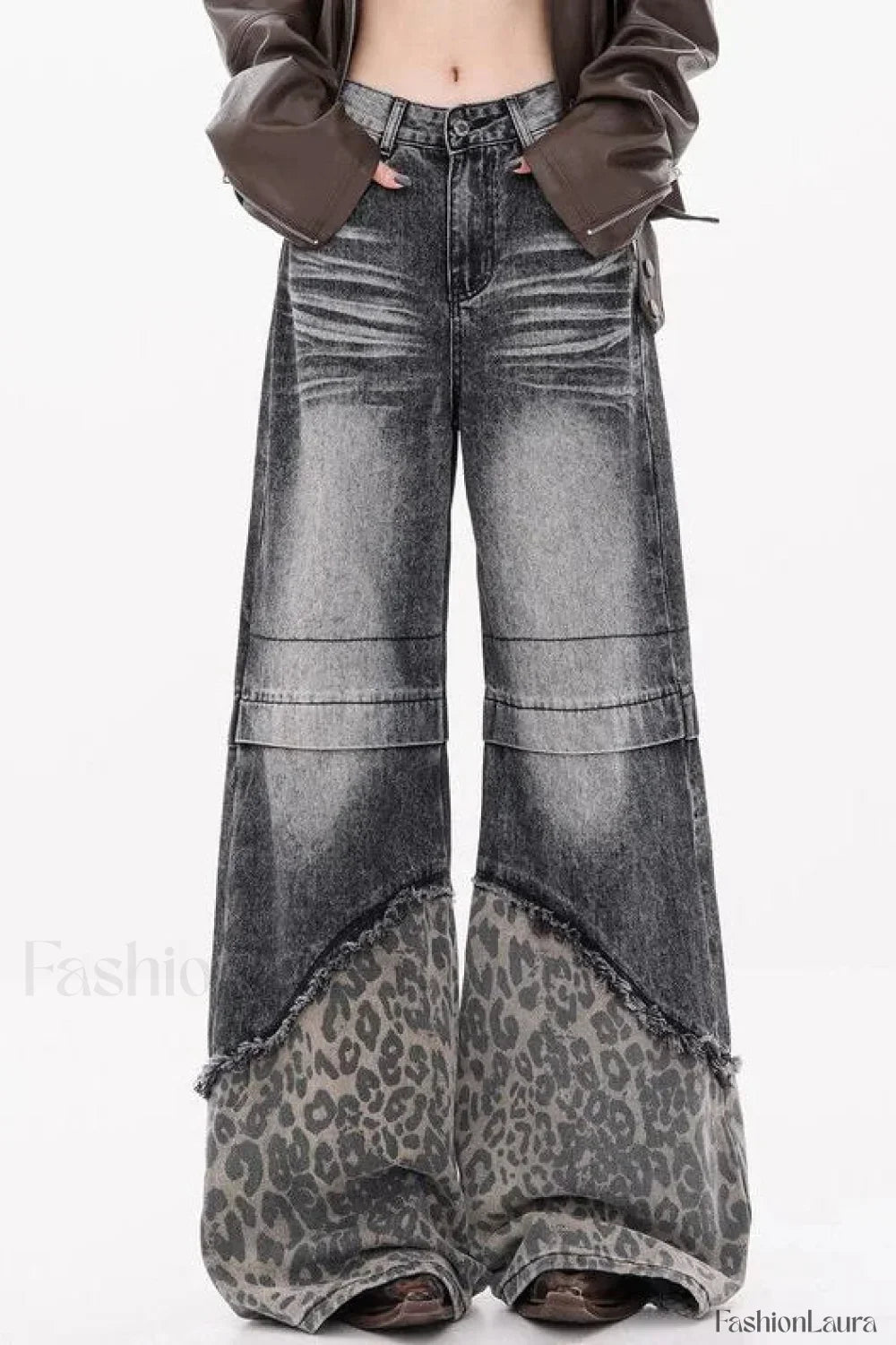 Patchwork Leopard Wide Leg Jeans
