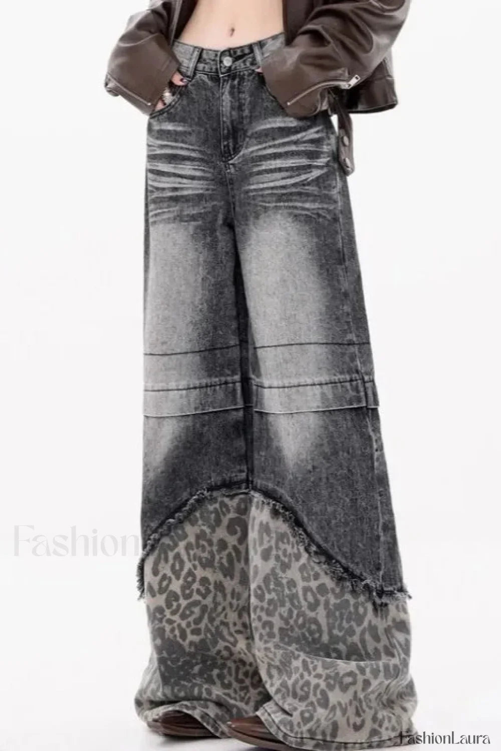 Patchwork Leopard Wide Leg Jeans