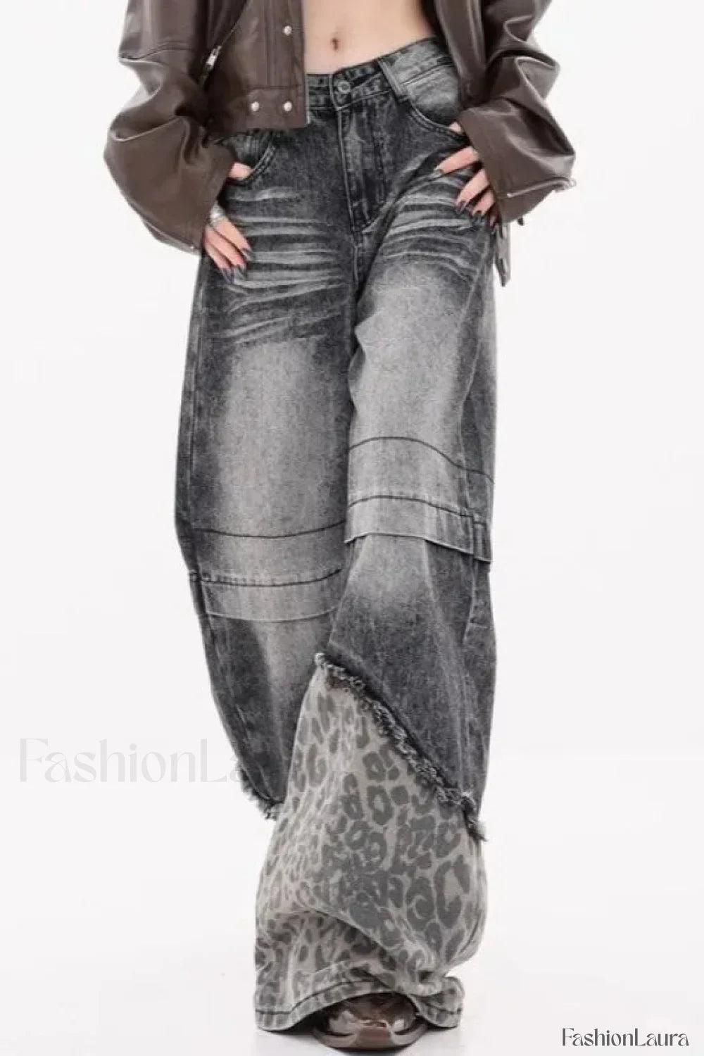 Patchwork Leopard Wide Leg Jeans
