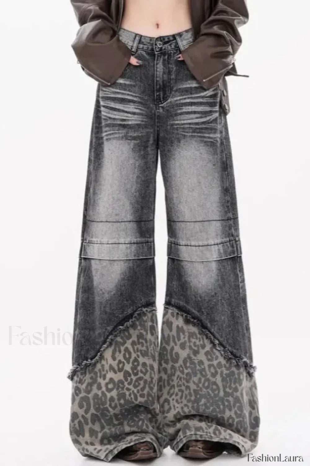 Patchwork Leopard Wide Leg Jeans