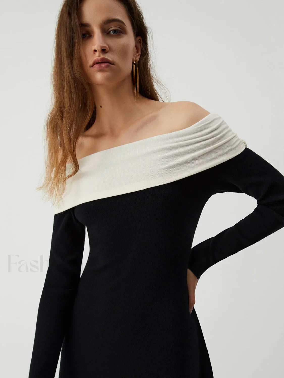 Patchwork Off Shoulder Long Modern Sleeve Long Sweater Dress