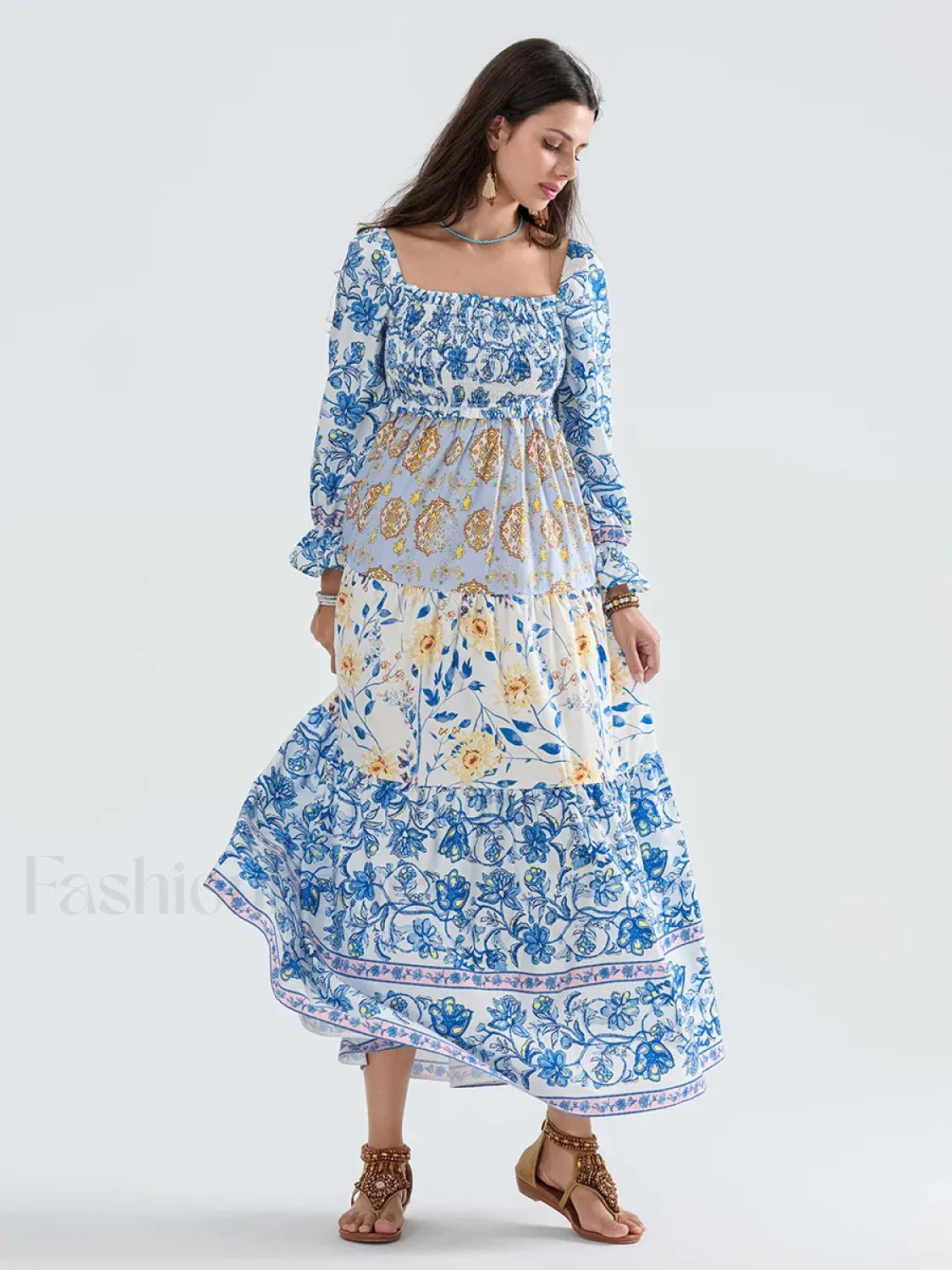 Patchwork Puff Sleeve Boho Dress