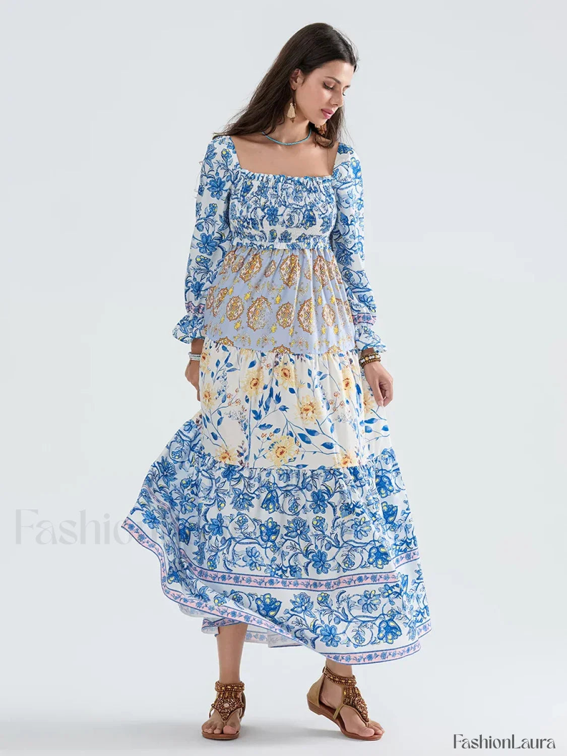 Patchwork Puff Sleeve Boho Dress