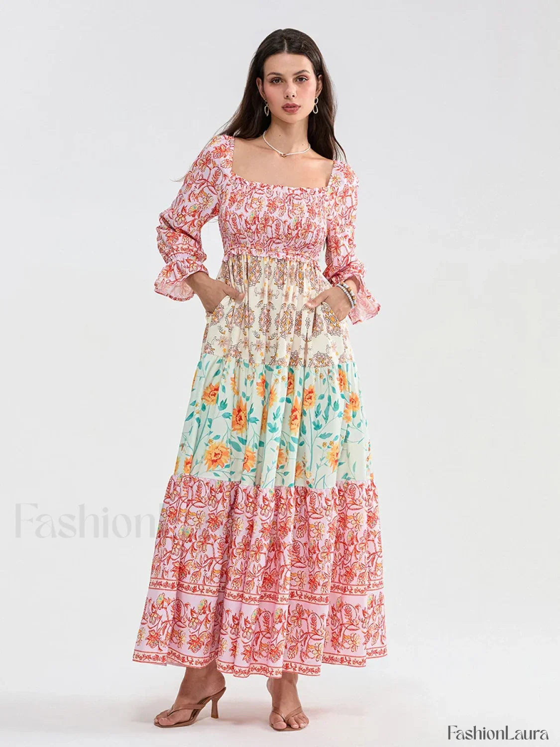 Patchwork Puff Sleeve Boho Dress