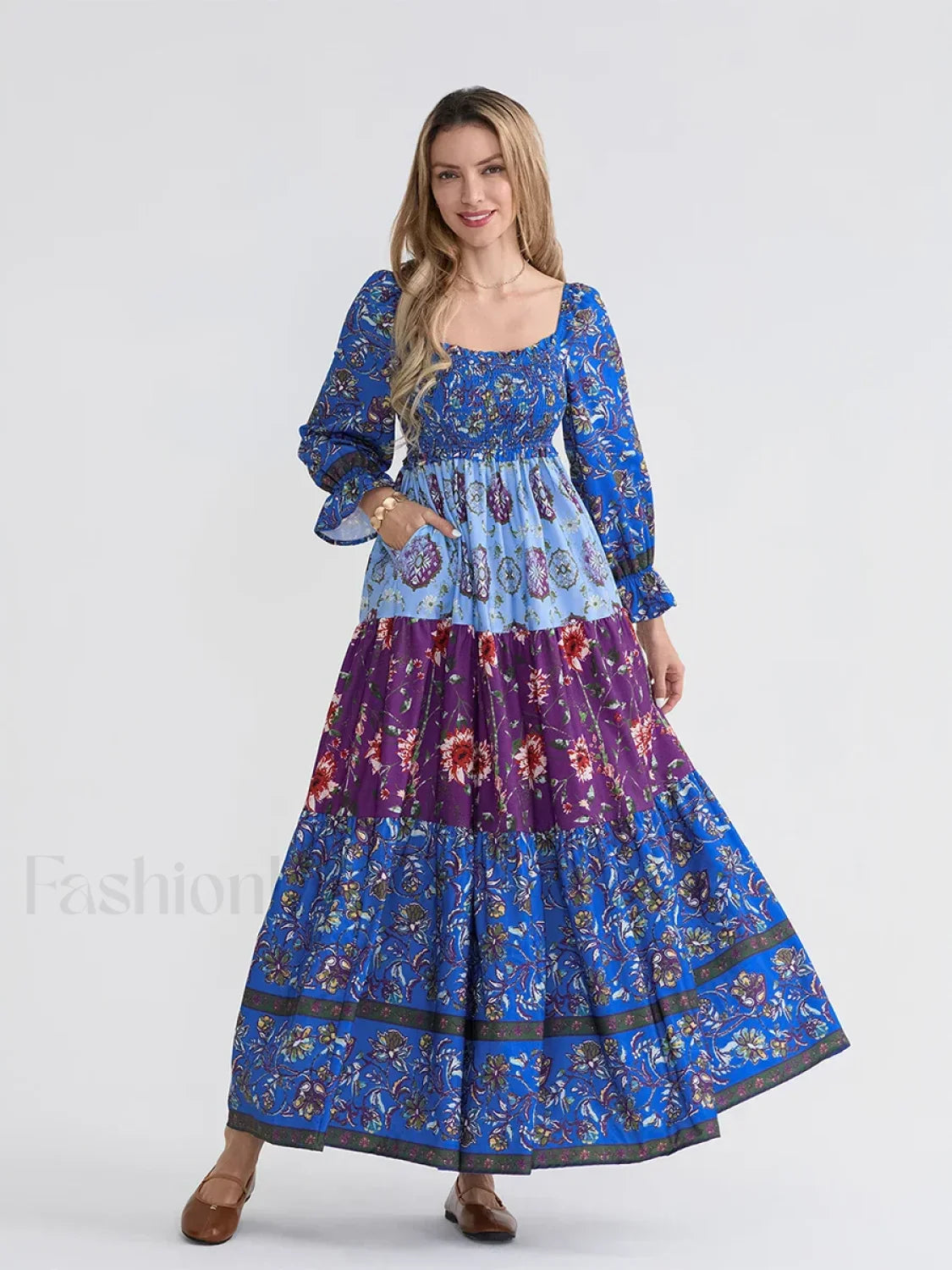 Patchwork Puff Sleeve Boho Dress