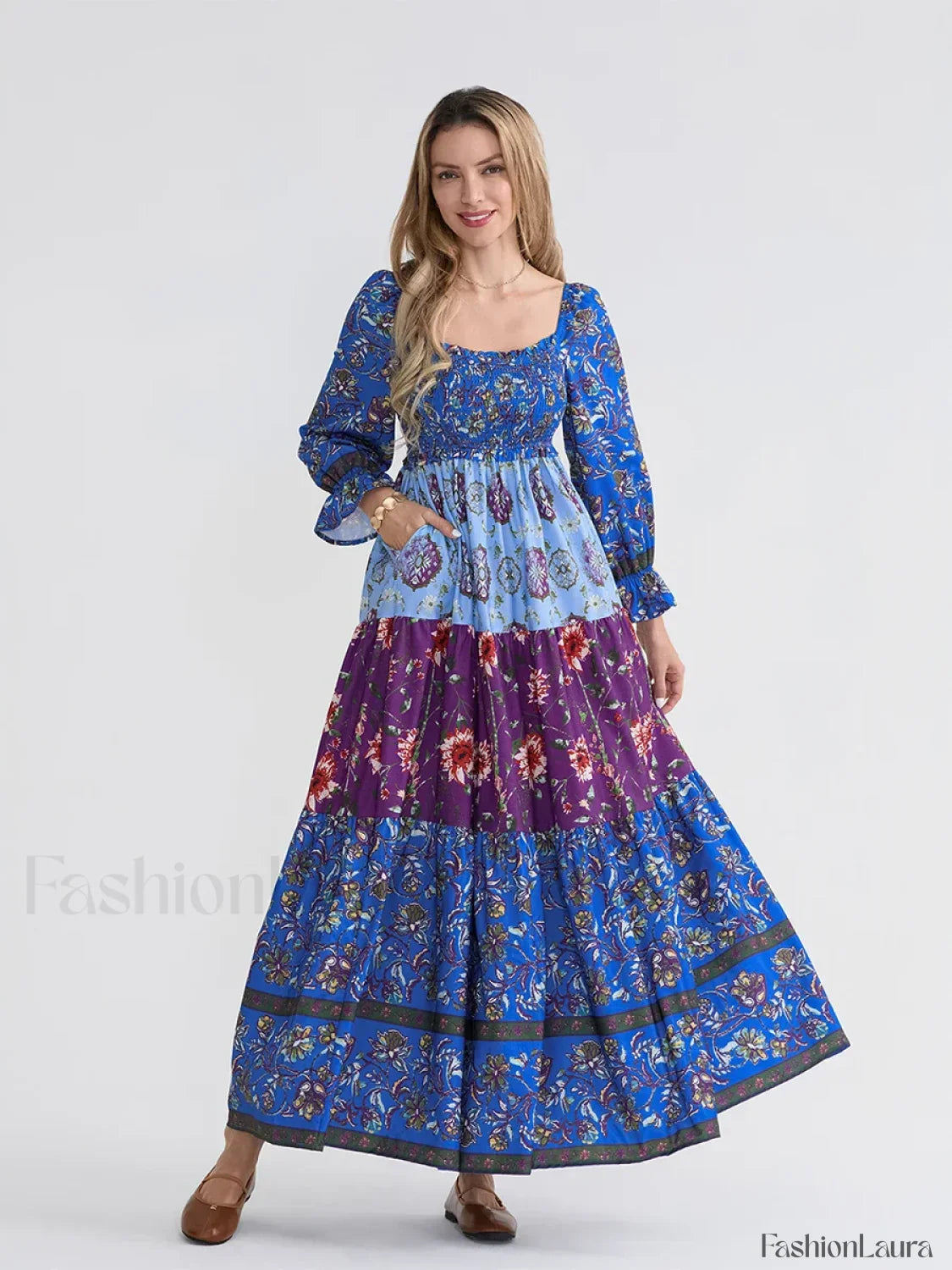 Patchwork Puff Sleeve Boho Dress