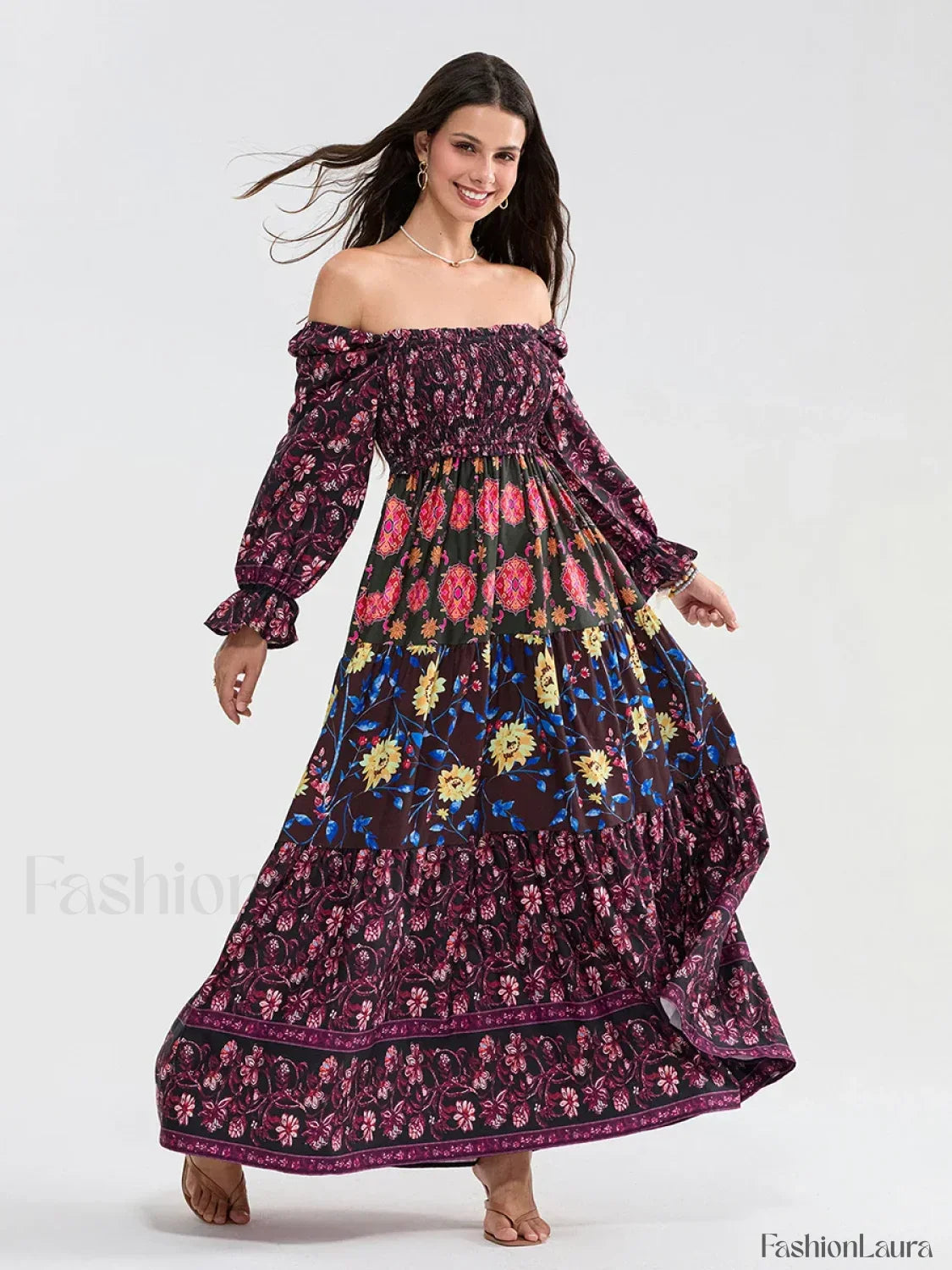 Patchwork Puff Sleeve Boho Dress