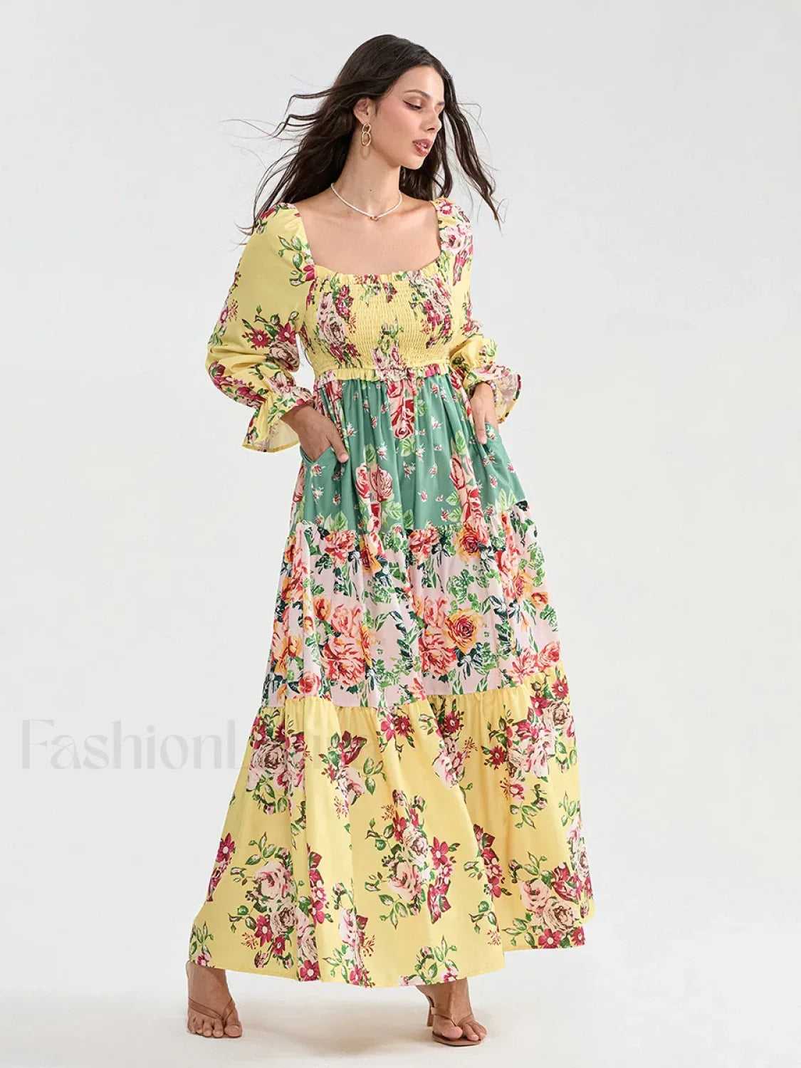 Patchwork Puff Sleeve Boho Dress yellow / S