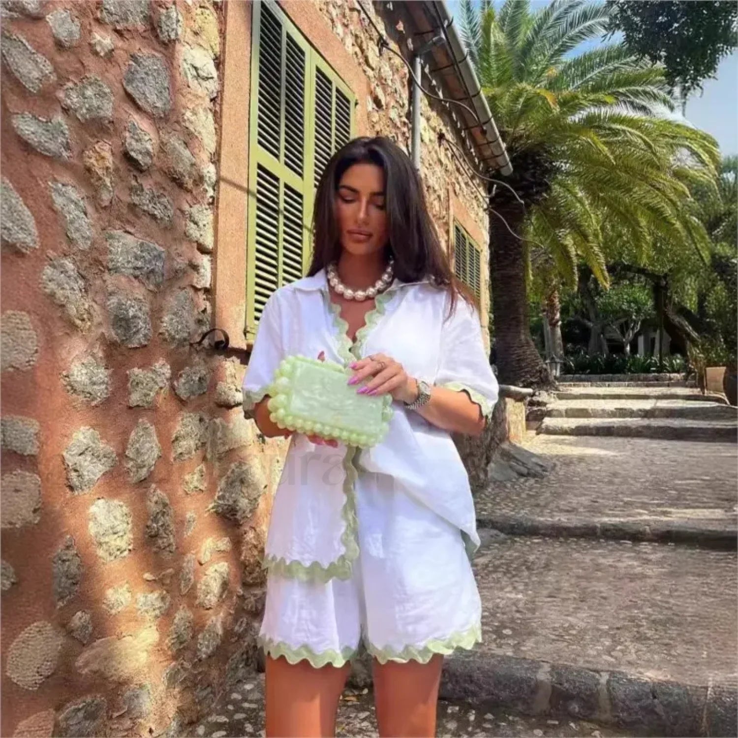 Patchwork Turn Down Shirt Loose Shorts Two Piece Set