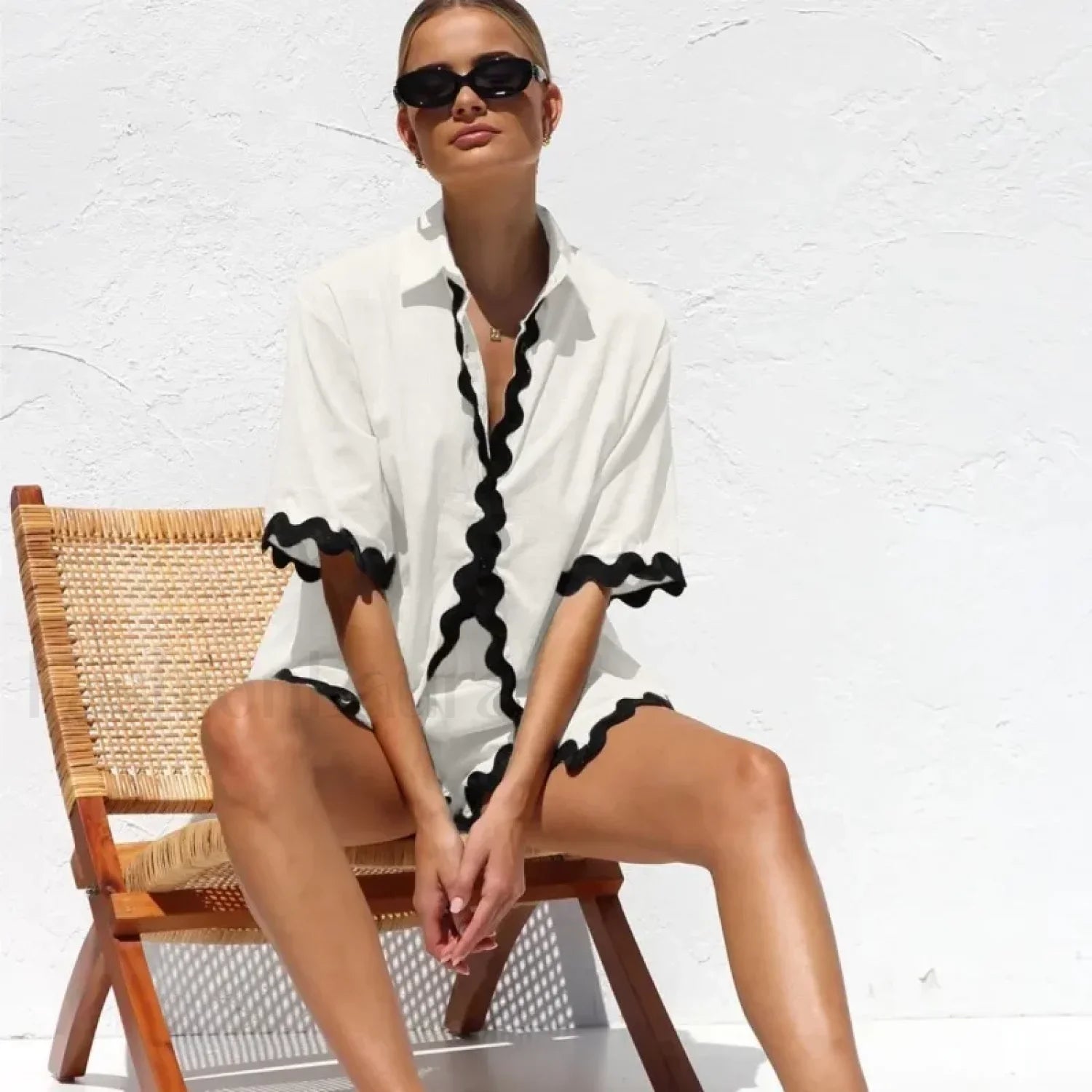 Patchwork Turn Down Shirt Loose Shorts Two Piece Set