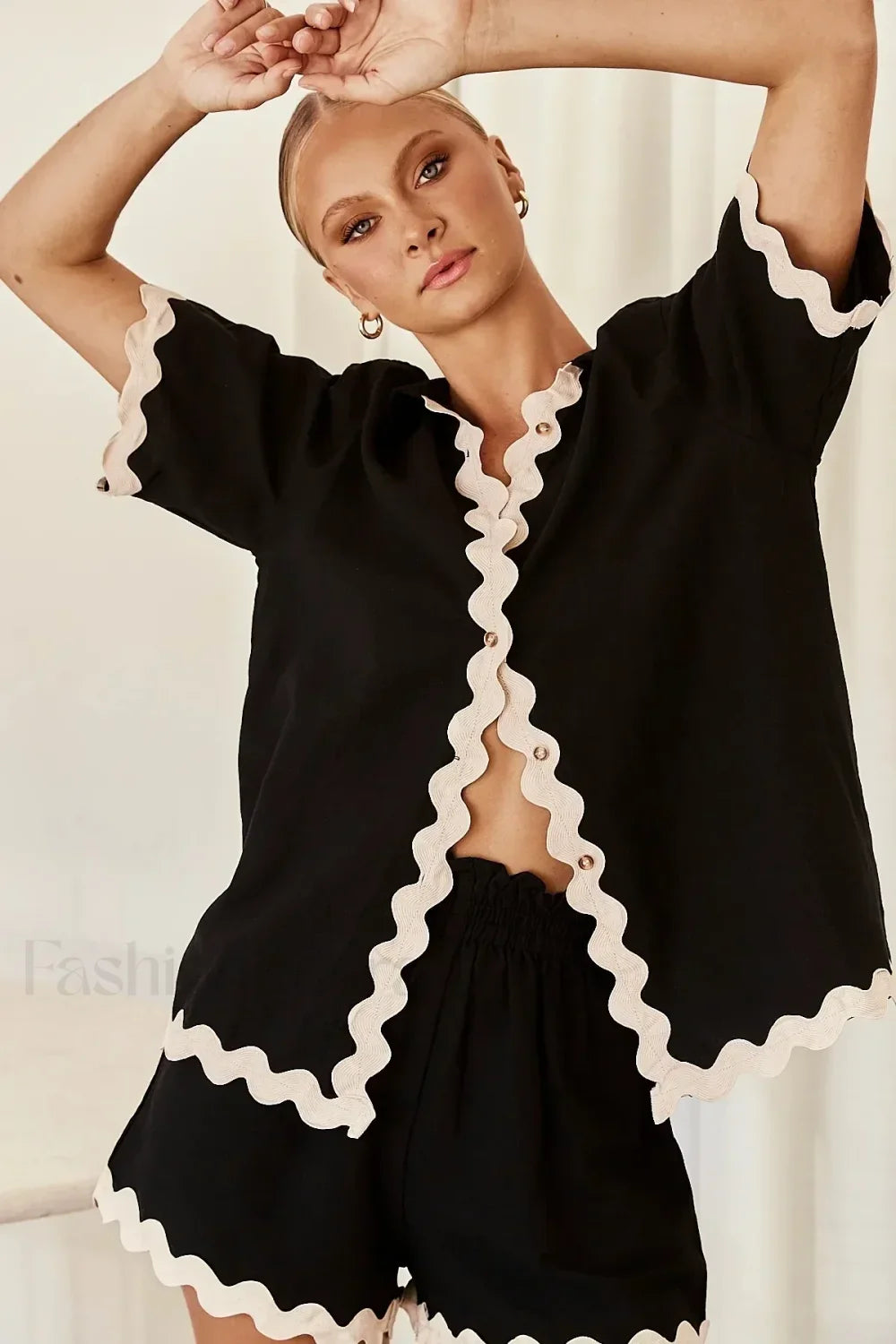 Patchwork Turn Down Shirt Loose Shorts Two Piece Set