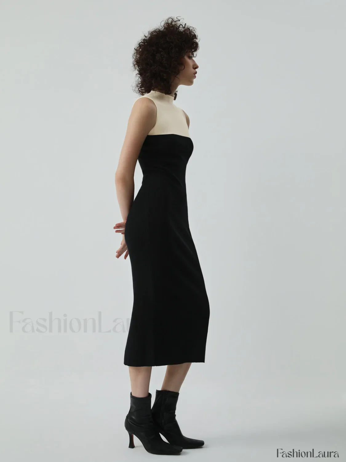 Patchwork Two Tone Mock Modern Neck Midi Sweater Dress