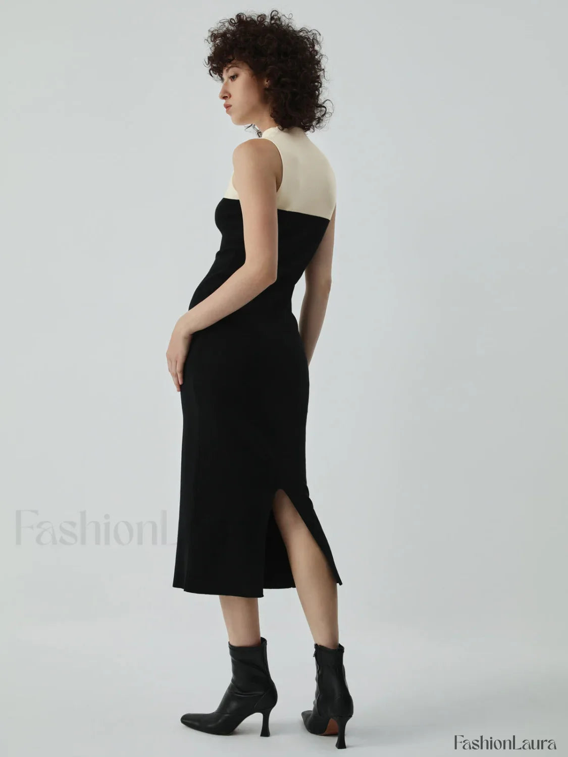 Patchwork Two Tone Mock Modern Neck Midi Sweater Dress