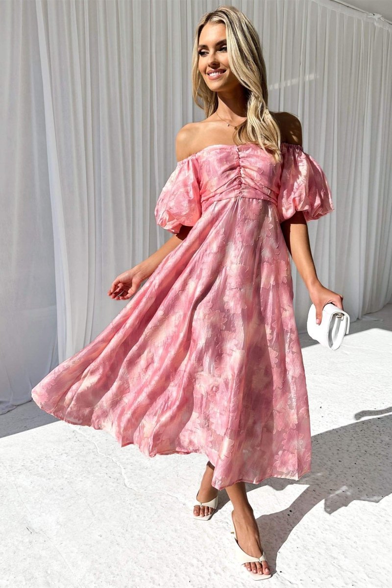 Chic Emilia Off the Shoulder Midi Dress with Puff Sleeves Premium Wardrobe Essential