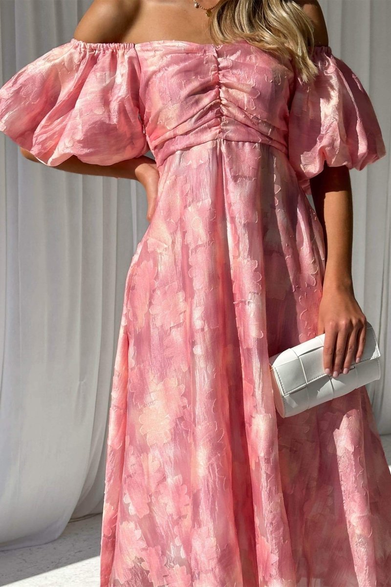 Chic Emilia Off the Shoulder Midi Dress with Puff Sleeves Premium Wardrobe Essential